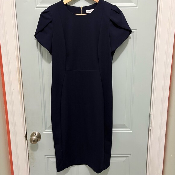 Calvin Klein Dresses & Skirts - Calvin Klein Dress Womens Size 8 Navy Blue Sheath Midi Tulip Sleeve Zip